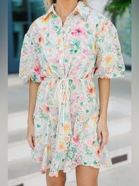 Love Pastel Floral Eyelet Drawstring Mini Dress in White, Pink, Green and Orange